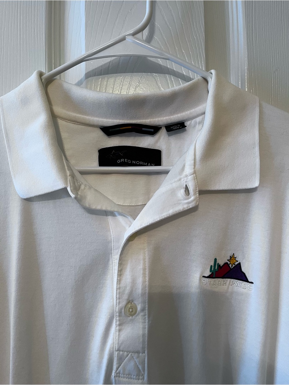 Greg Norman Collection White Polo with STARR PASS GOLF Logo